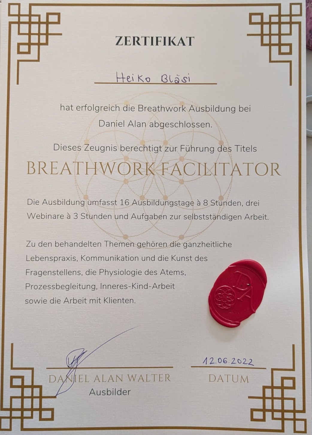 Breathwork Facilitator Zertifikat by Daniel Alan Walter